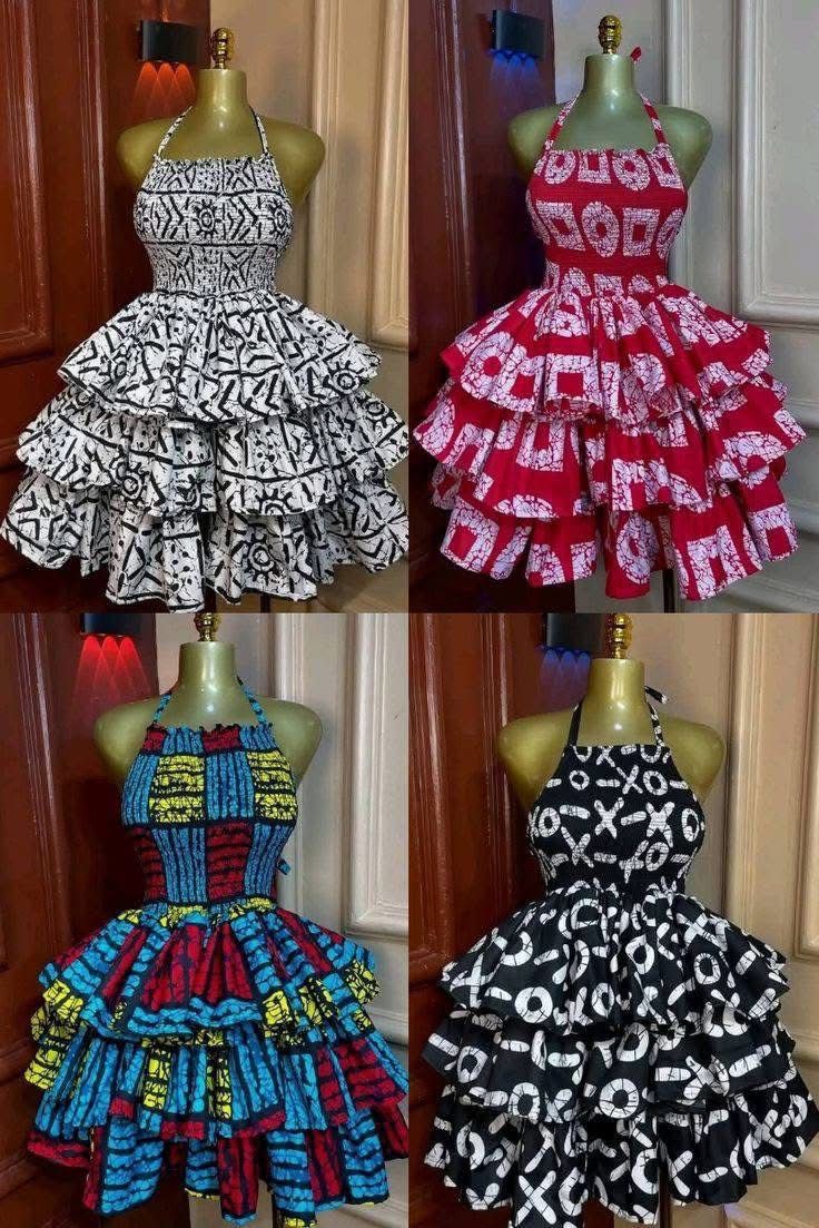 Ankara halter dresses in four colorways displayed on mannequins at Elegant Fashion Palace